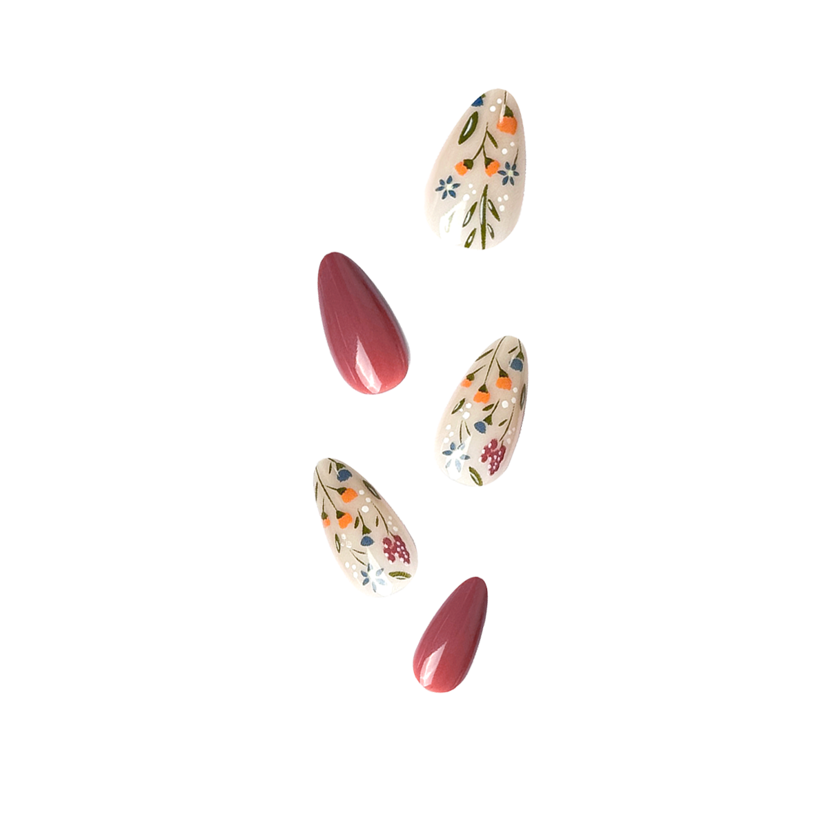 Fincloset soft pink and nude short almond press-on nails with delicate floral and grass designs, perfect for a natural, minimalist, and feminine manicure.