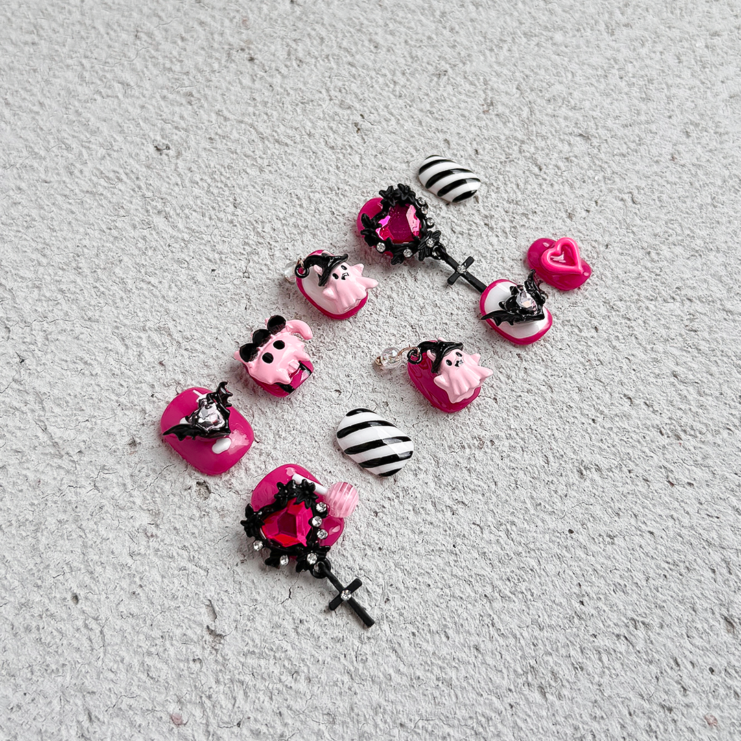 Devil Sweetheart handmade short square pink press-on nails with playful 3D devil and heart charms