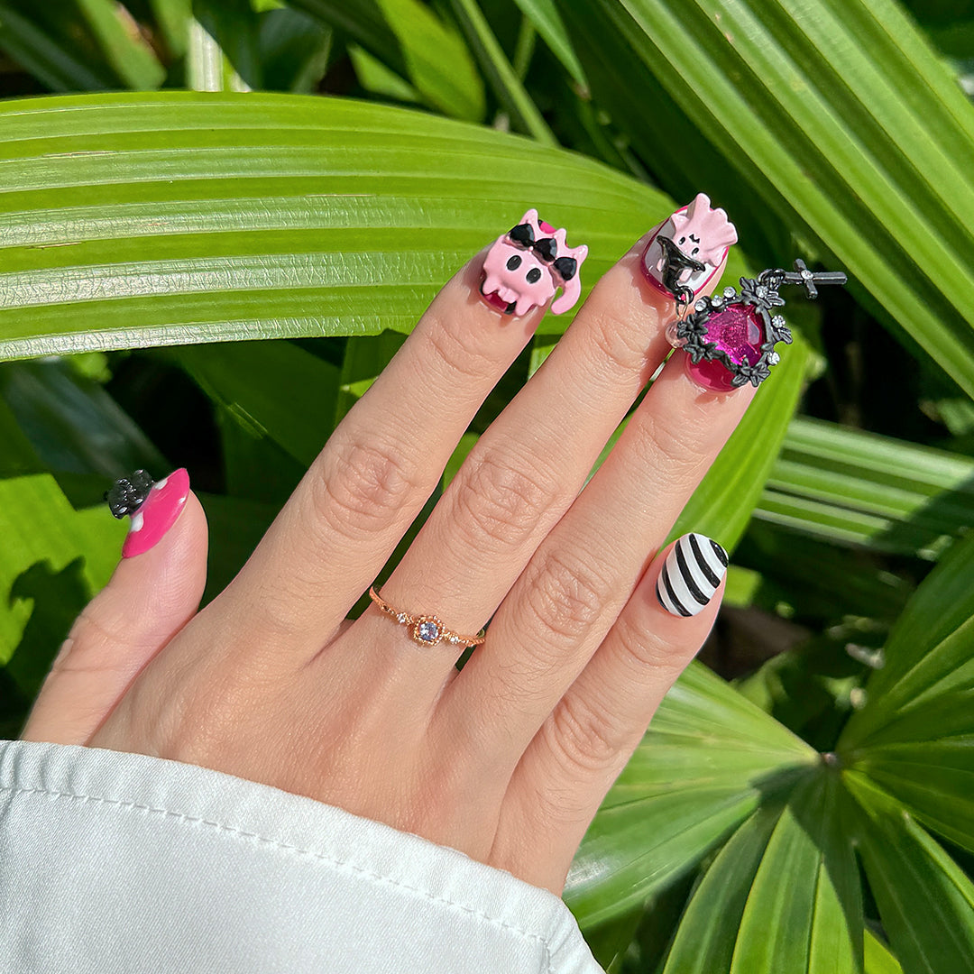 Devil Sweetheart handmade short square pink press-on nails with playful 3D devil and heart charms