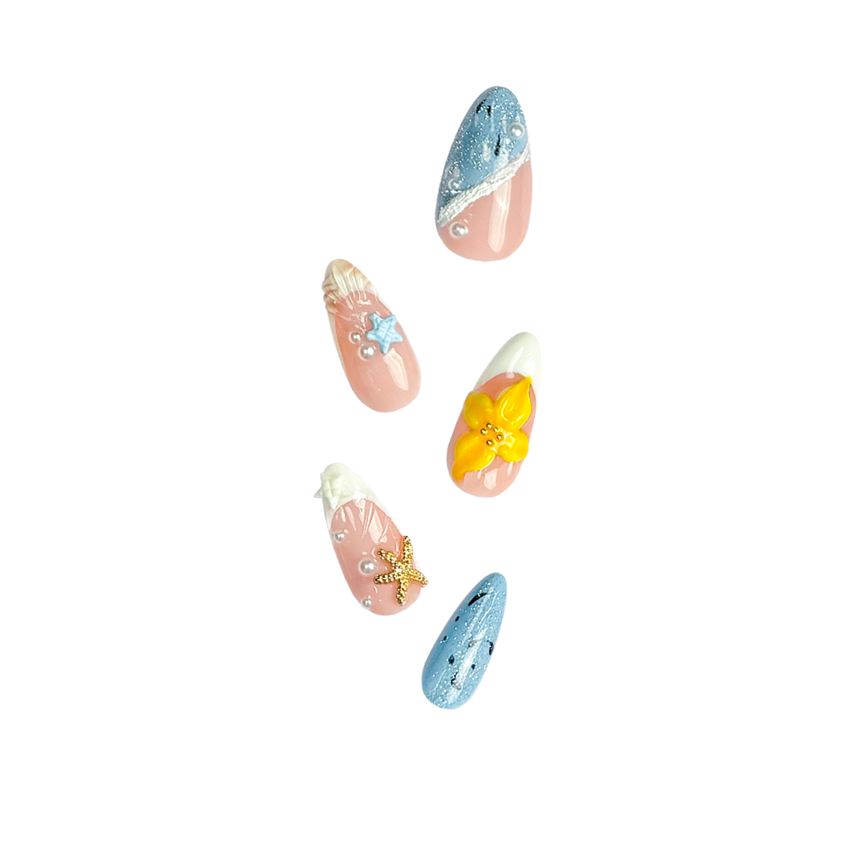 Fincloset Coastbloom almond shape summer press-on nails with 3D flower, starfish and coastal design – beach vacation style handmade nail art