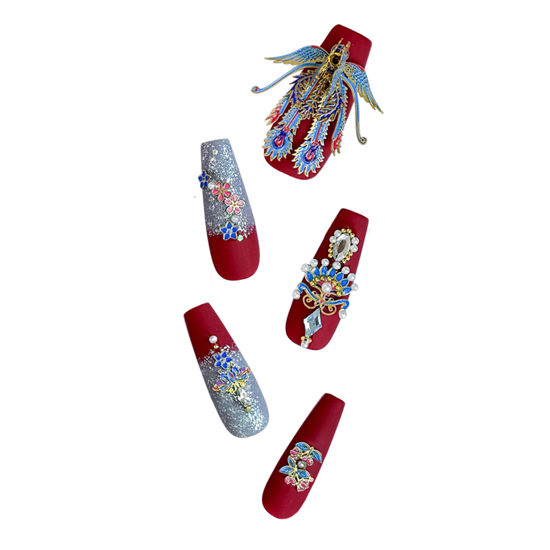 A stunning set of coffin-shaped, handmade press-on nails inspired by Chinese culture, featuring red and peacock blue bases adorned with intricate phoenix and floral designs.