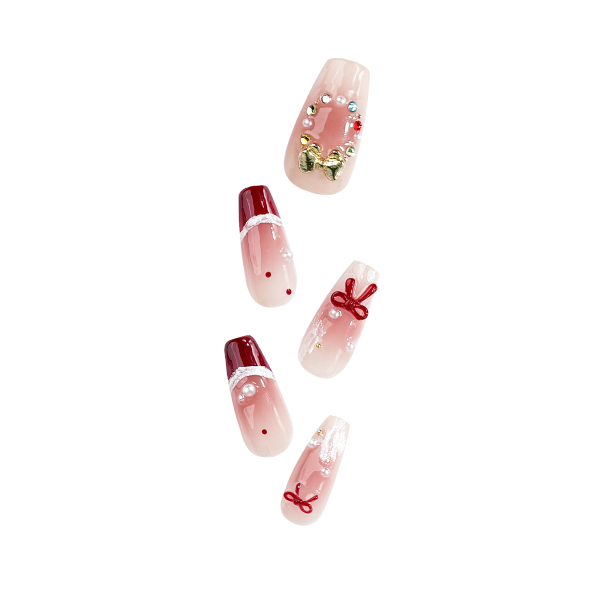 Handmade Christmas press-on nails in a festive red and nude pink design, featuring pearl and ribbon decorations, perfect for holiday style. Coffin-shaped nails for a chic and elegant look.