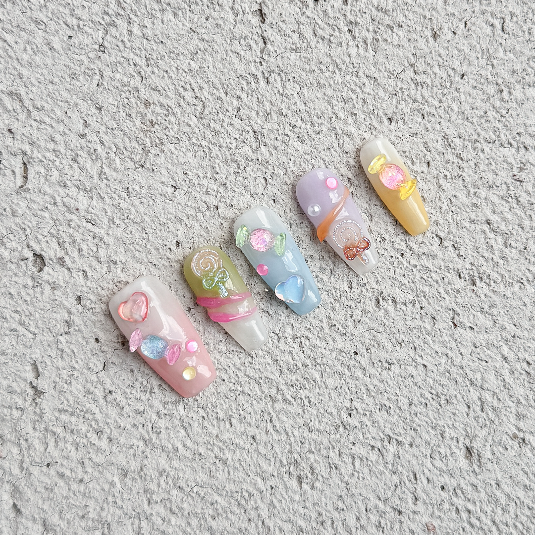 Fincloset Candy Pop Handmade Coffin-Shaped Press-On Nails with Colorful Jelly Candy-Inspired Accents, Sweet and Playful Design