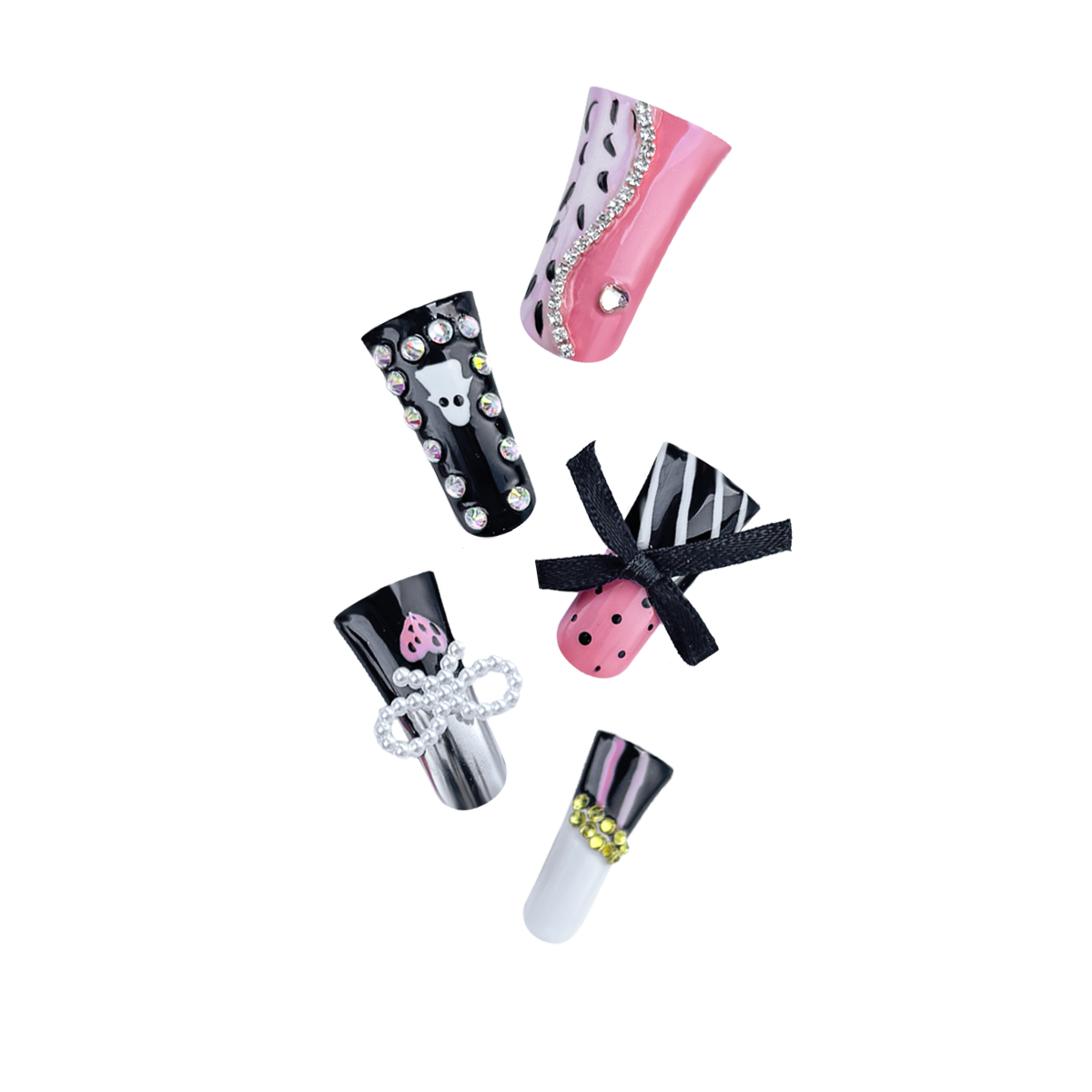 Fierce Sugar handmade duck-bill press-on nails in black and pink with leopard print, ghost art, rhinestones, and bows