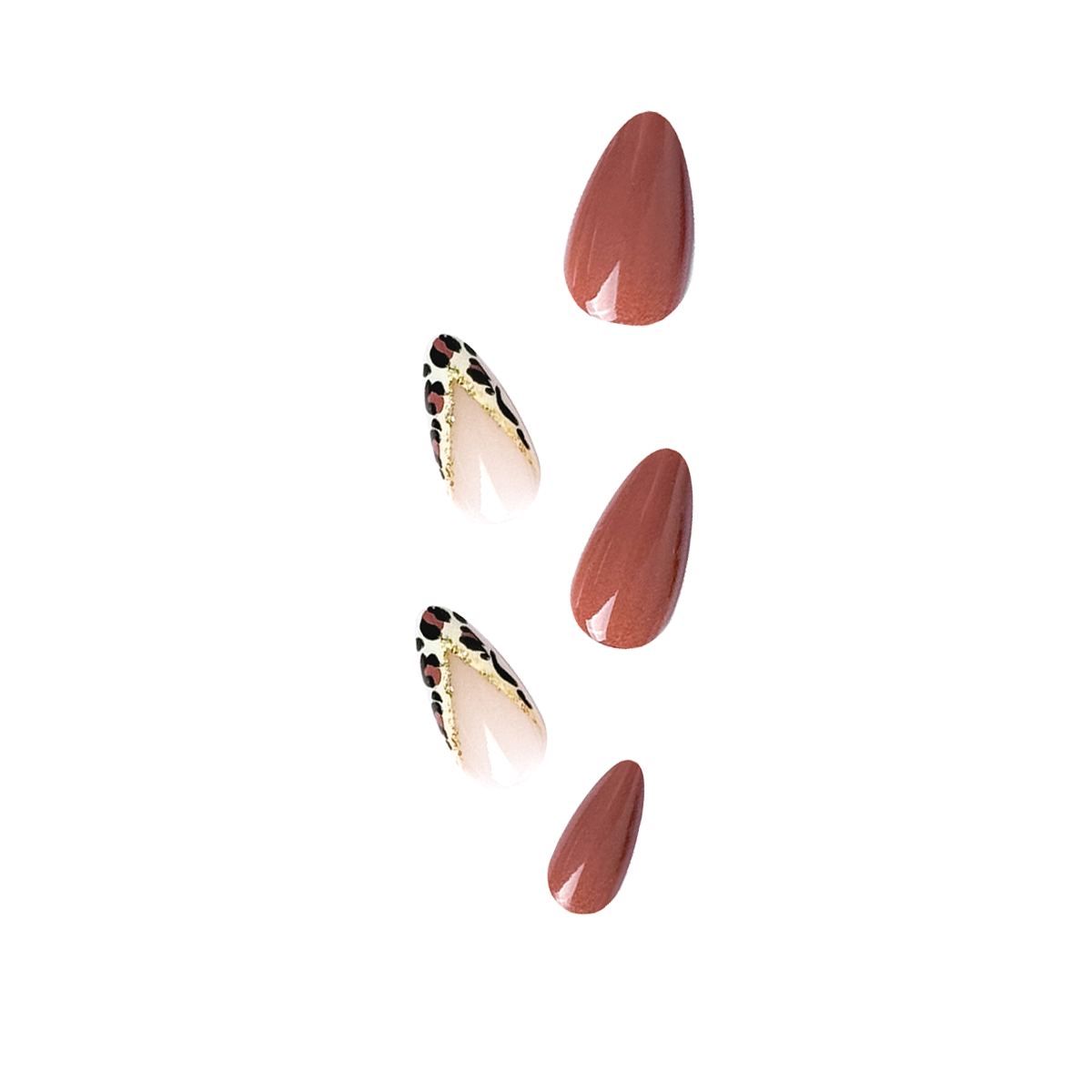 Fincloset chic brown and nude natural almond-shaped press-on nails with leopard print French tips, offering a classic, sophisticated, and trendy design for a versatile, everyday manicure.