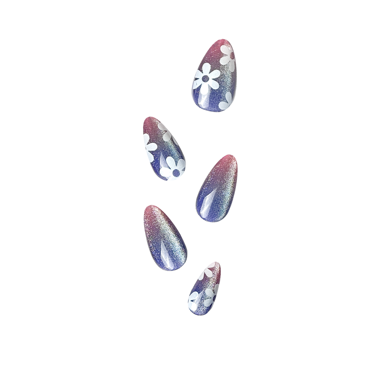 Fincloset dark pink-blue gradient press-on nails with iridescent shimmer, fine glitter, and minimalist white floral accents, ideal for a trendy and edgy spring manicure.
