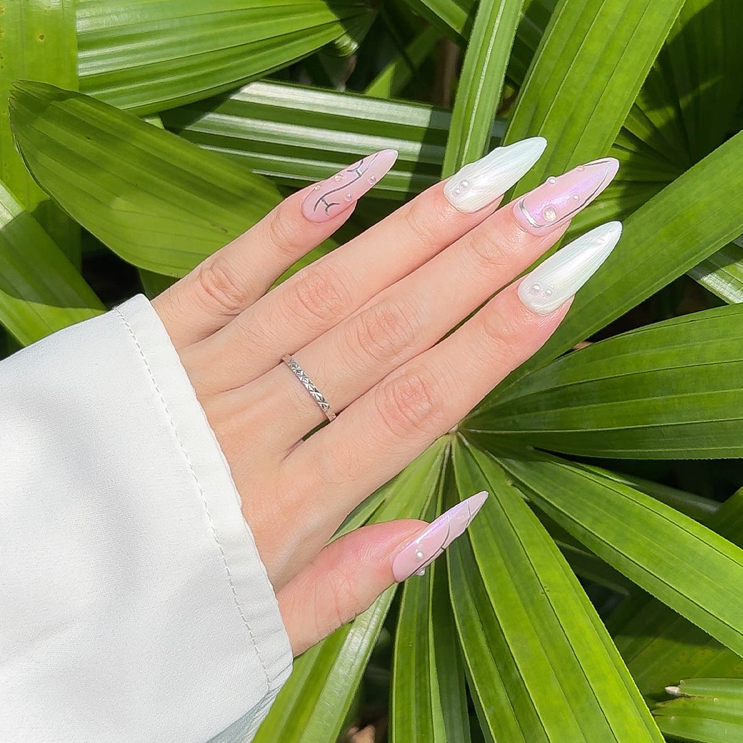 Fincloset Cupid's Arrow Handmade Long Almond Press-On Nails, Iridescent White and Pink with Silver Lines and Pearl Accents, Sweet & Edgy Style
