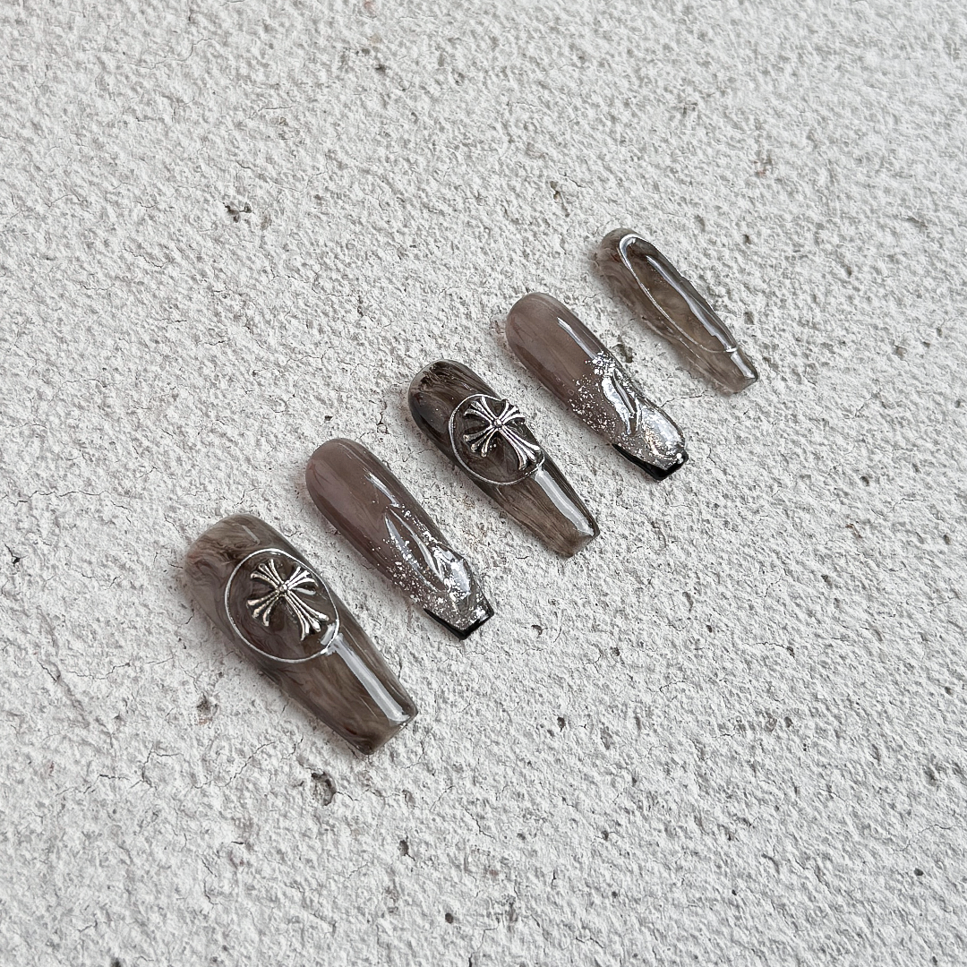 Fincloset Dark Core Handmade Long Coffin Press-On Nails, Semi-Transparent Ink Design with Silver Lines and Gothic Cross Accents, Dark and Edgy Style