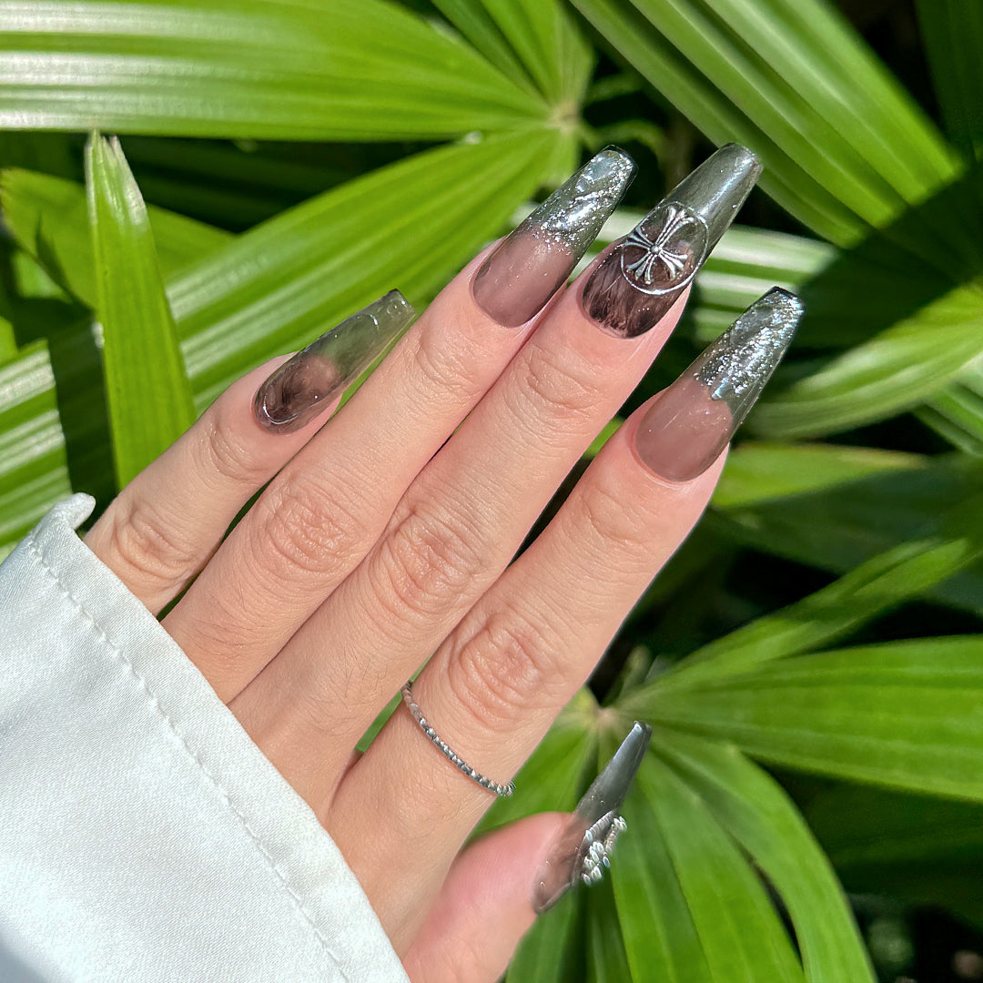 Fincloset Dark Core Handmade Long Coffin Press-On Nails, Semi-Transparent Ink Design with Silver Lines and Gothic Cross Accents, Dark and Edgy Style