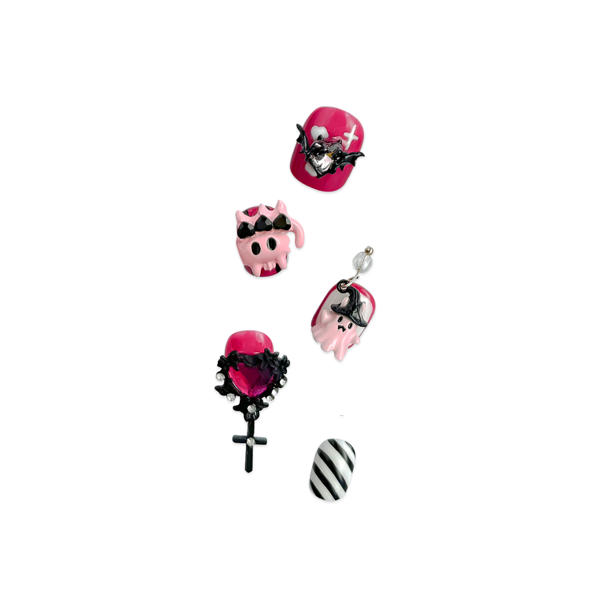 Devil Sweetheart handmade short square pink press-on nails with playful 3D devil and heart charms