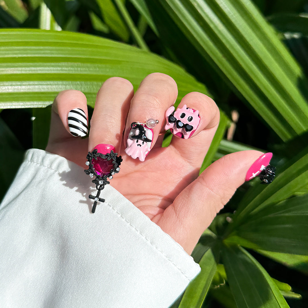 Devil Sweetheart handmade short square pink press-on nails with playful 3D devil and heart charms