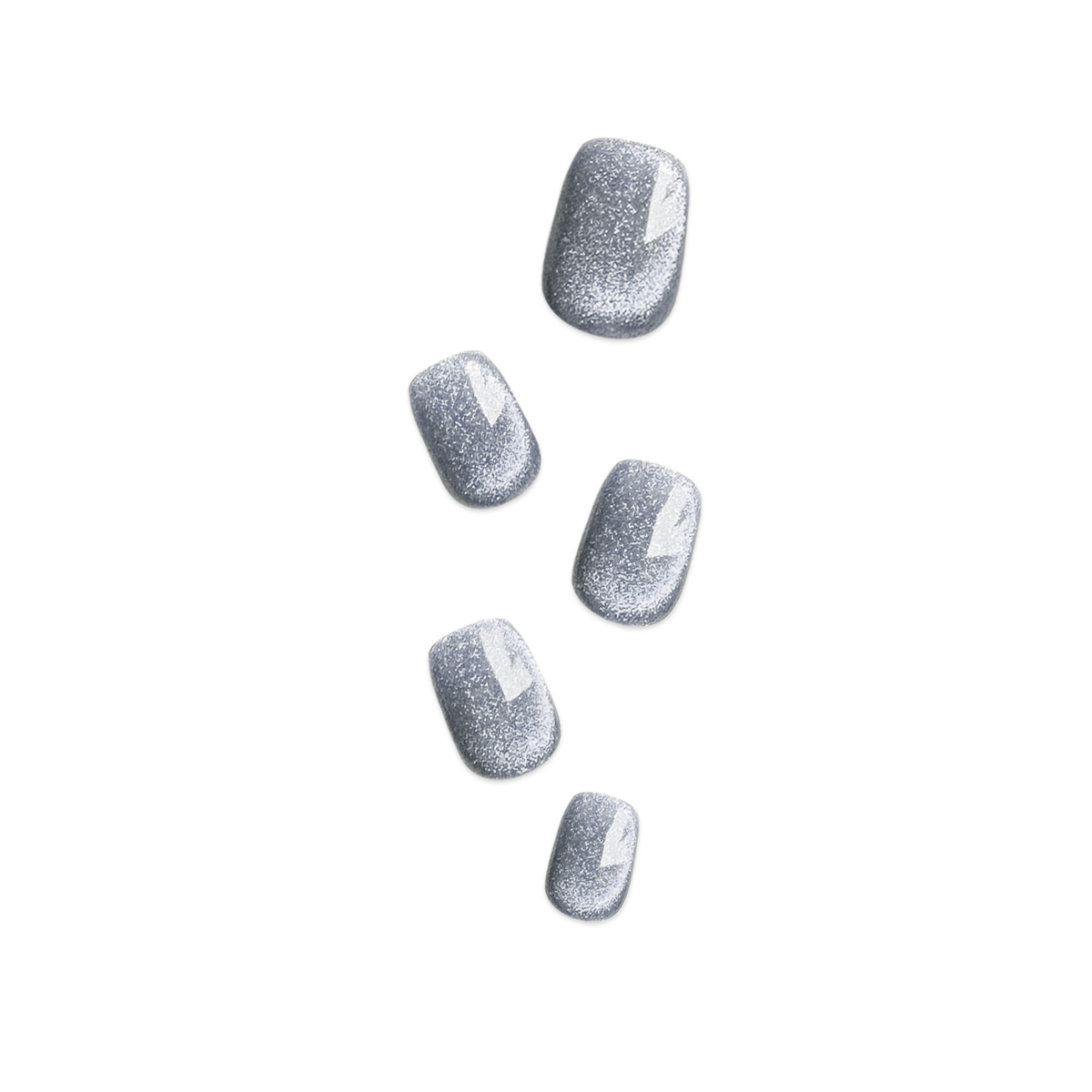 Handmade short glossy cat eye press-on nails in semi-transparent silver with a reflective lunar glow effect, Fincloset Casual Elegance collection